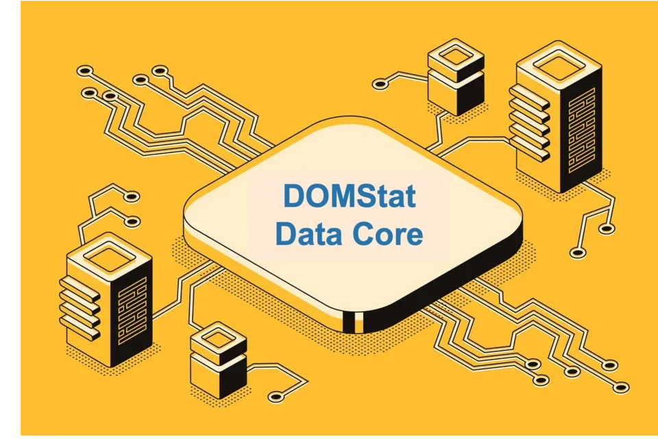 Illustration of DOMStat Data Core with server icons connected by circuit lines on yellow background.