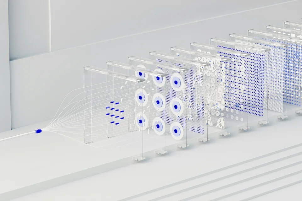 Network of fibers expanding across several 3D planes