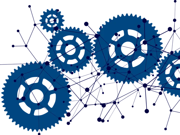 Blue and white graphic of networking gears.